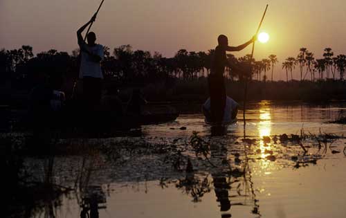 Mokoro-Fahrt zum Sonnenuntergang im Okavango-Delta